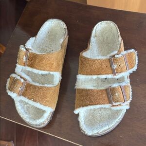 Birkenstocks Arizona Genuine Shearling Lined Slide Sandal Fuzzy 39 Narrow